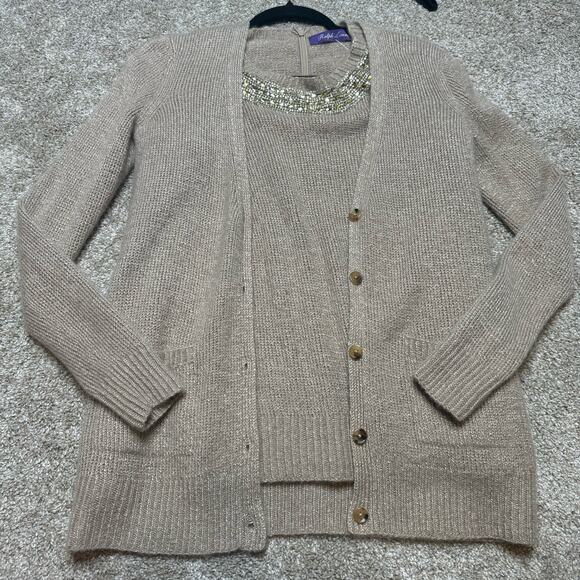 Ralph Lauren Purple Label Hand Knit Cashmere Beaded Sweater And Cardigan Size S
